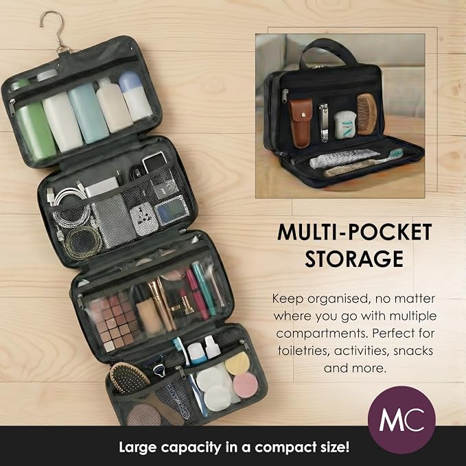 Travel Toiletry Bag for Men & Women, Large Capacity Makeup Organizer & Cosmetic Bag, Water-Resistant Portable Essentials Case with Metal Hook & Carry Handle - Perfect for Travel Use (Black, Large)