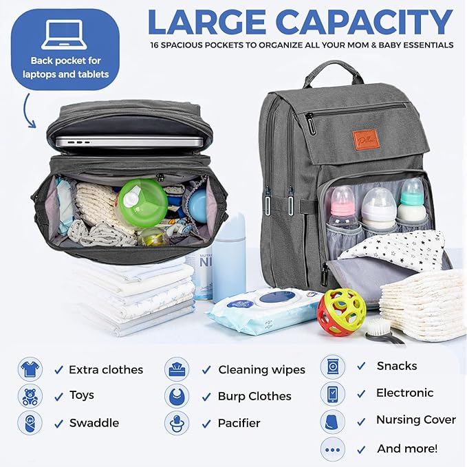 PILLANI Baby Diaper Bag Backpack - Large Bag for Boys & Girls, Waterproof Diaper Backpack - Travel Diaper Bags w/Changing Pad, Baby Registry Search & Shower Gifts - Essentials Must Haves Newborn Stuff
