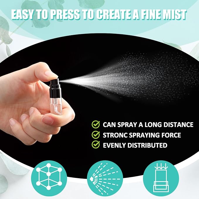 Zhehao 100 Pcs Mini Spray Bottles 2 ml Clear Glass Perfume Bottles Refillable Fine Mist Perfume Atomizer Portable Empty Sample Containers for Cleaning, Essential Oils, Travel (Black Cap)
