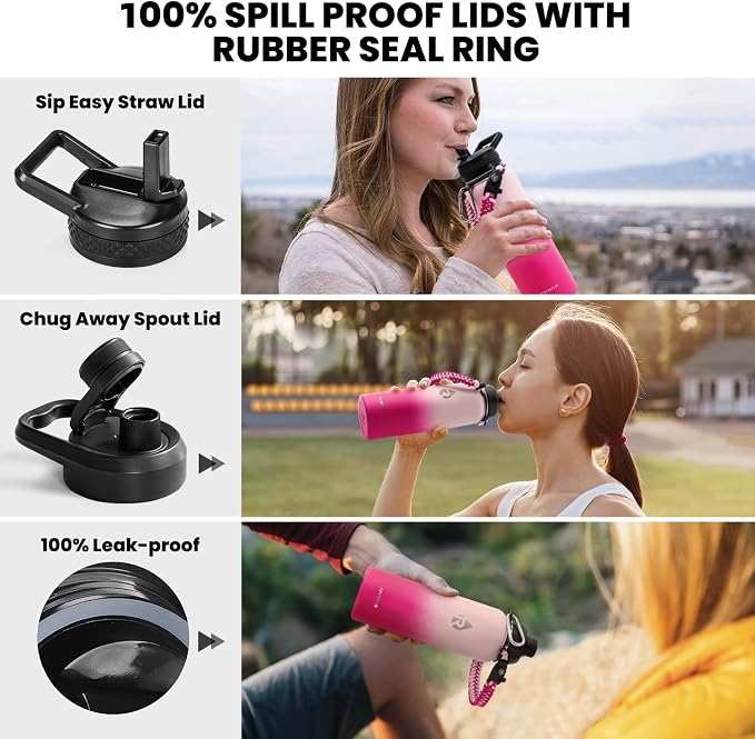 RAYMYLO Insulated Water Bottle 40 oz, Triple Wall Vacuum Stainless Steel (Cold for 36Hrs, Hot for 18Hrs), Leak Proof & Non-BPA, Modern Water Flask Jug with Paracord Handle & Straw Spout Lids