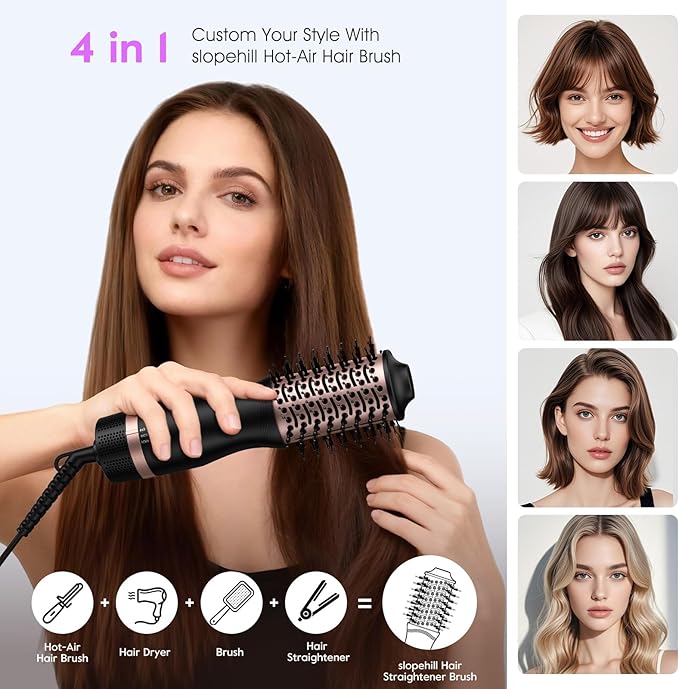 slopehill Mini Travel Dual Voltage Hair Dryer Brush,1000 Watts Hot Air Brush with European Plug, Ionic Hair Dryer and Styler for Women, Oval Barrel 2 Heat & 2 Speed Settings for International Travel
