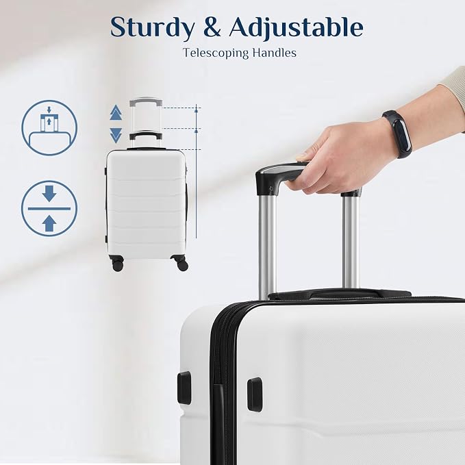 NEWBULIG 24 Inch Checked Luggage, ABS Hard Shell Lightweight Rolling Expandable Suitcase with Smooth Spinner Wheels and TSA Lock for Business Trips and Daily Vacations, White