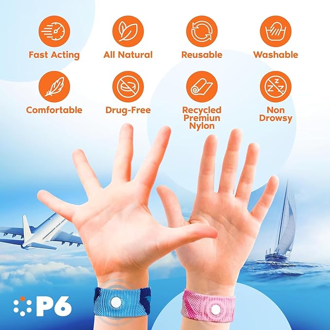 P6 Motion Sickness Bands for Kids Children’s Wristbands for Anti Nausea Sea Cruise Travel Car Sickness All-Natural Non Drowsy Relief Acupressure Treatment (2 Pack, Blue - Blue)