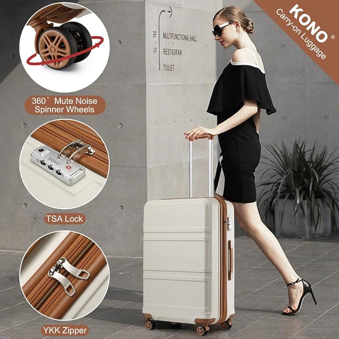 Kono 28 Inch Luggage Expandable Suitcase with Spinner Wheels TSA Lock Lightweight PC+ABS Hardside Large Checked Luggage Durable Rolling Suitcase Cream White