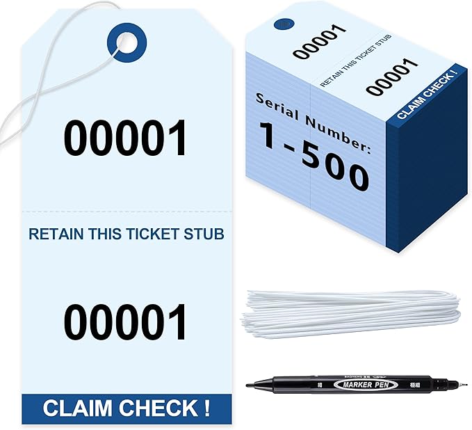 500 Pcs Duplicate Auto Park Tags (Numbered 1-500) 4.72" x 2.36" Inch Valet Parking Tickets with Strings Claim Check Tags with Marker for Valet Coat Check and Hotel Luggage Tags (500, Blue)
