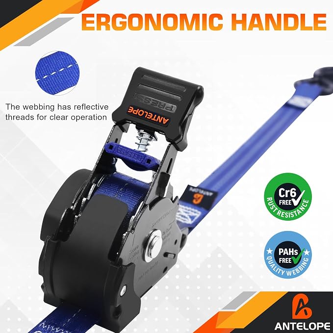 Retractable Ratchet Straps(4 PK), 1" x 12 ft Auto Retract Tie Downs, Automaitc Ratchet Straps,1500lb Break Strength AutoRetract Self Retracting for Motorcycle, Truck, Cargo, Trailer, ATV, UTV -Blue