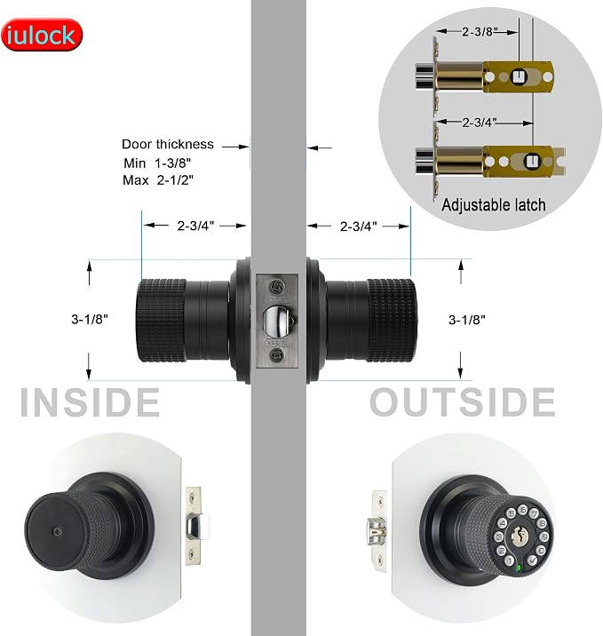 iulock Smart Door Knob with Keypad and Key,Keyless Entry Door Lock with Rubber Grip, Auto Lock,50 User Code,Waterproof, Easy to Install and Program for Bedroom (Matte Black Same Key 4 Pack)