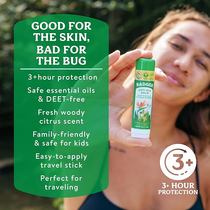 Badger Bug Repellent, Easy to Use Travel Stick, DEET-Free Mosquito Repellent & Insect Protection, Certified Organic Essential Oil Balm