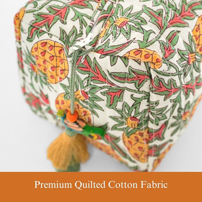 Saffron Marigold Quilted Makeup Bag Set of 3, Hand Block Printed Cotton Cosmetic Bags for Women, Waterproof Lined Travel Toiletry Bag, Coquette Aesthetic, Handmade Gift, Pineapple Grove