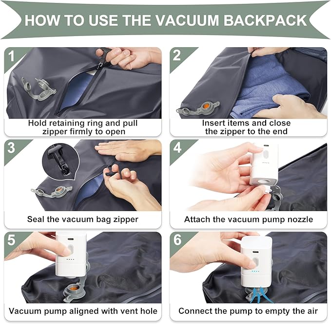 coowoz Vacuum Backpack Travel with Pump,Travel Backpack with Vacuum System For Women Men,Carry On Backpack,Hiking Backpack Waterproof Outdoor Sports Rucksack Casual Daypack,30L(Vacuum pump)White Green