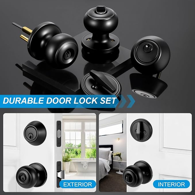 Plustool 2 Pack Front Door Lock Set Matte Black,Exterior Door Lock Set with Deadbolt,Single Cylinder Deadbolt Lock and Door Knob Set,Keyed Alike Door Knobs with Lock&Keys,Round Ball Entry Door Lockset
