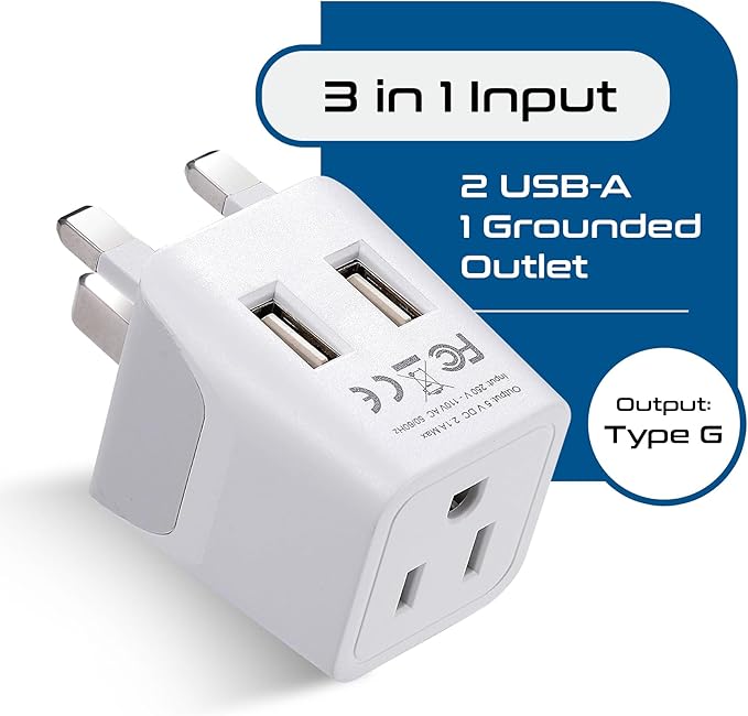 Ceptics UK adapters for Travel to London, Hong Kong, Ireland - Dual USB-A & USA Input - Type G Adapter Grounded - Ideal for Phone, Laptop, Cameras
