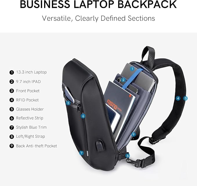 Kingsons Laptop Sling Backpack Anti Theft Bag,Hiking Daypack 13 Inch Waterproof Nylon Travel Bags for Men, Single Shoulder Camping Dayback with USB Charging Port for Traveling