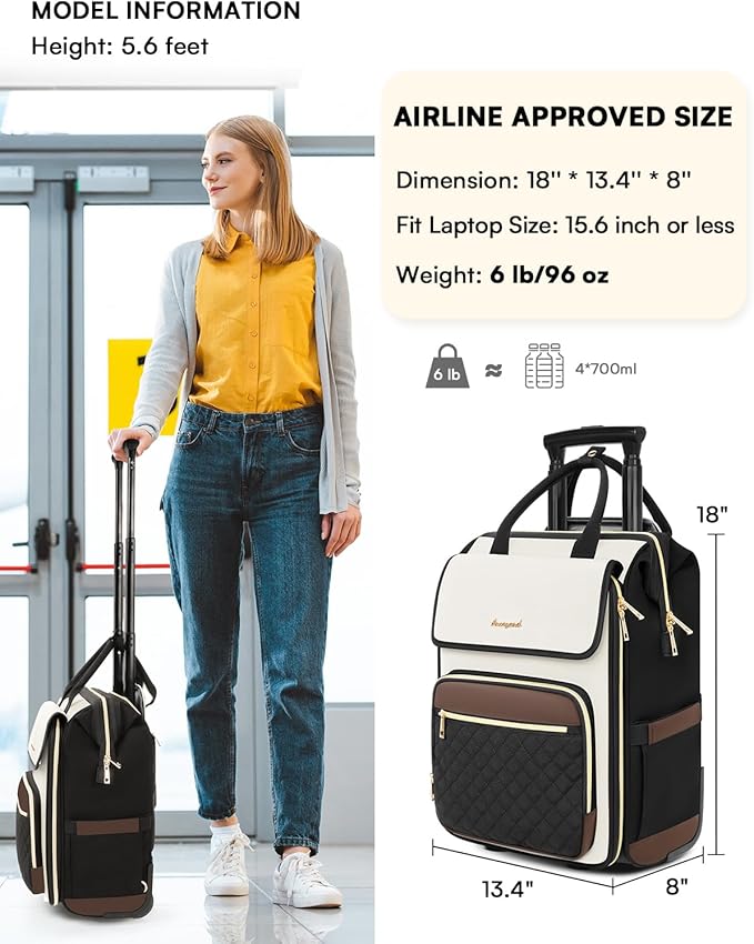 Rolling Backpack for Women, Travel Rolling Laptop Backpack with Wheels, Vertical & Horizontal Storage 2 In 1, Flip-Top Design, Water-Resistant Overnight College Underseat Carry on Luggage, Beige Brown