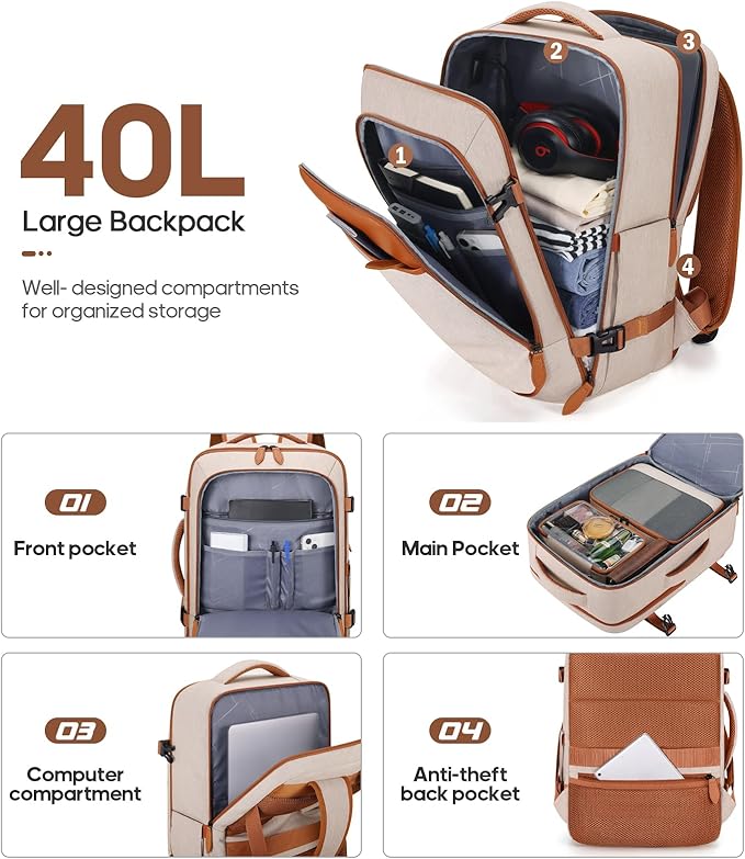 UKEIN Luggage Sets 3 Piece, PC Hardside Carry On Luggage 28 Inch With Spinner Wheels with TSA Lock, Carry On Suitcase Set With Travel Backpack for Men (Beige, 3 piece set (28inch))