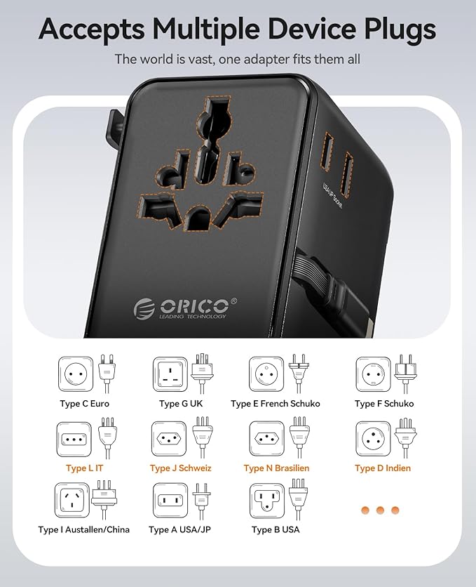 ORICO 100W Universal Travel Adapter with 2 AC Outlets and 3 USB-C and 2 USB-A Ports, Built-in Retractable USB-C Cable, Type A, C, G, I Outlets, International Travel Adapter for Global Travel