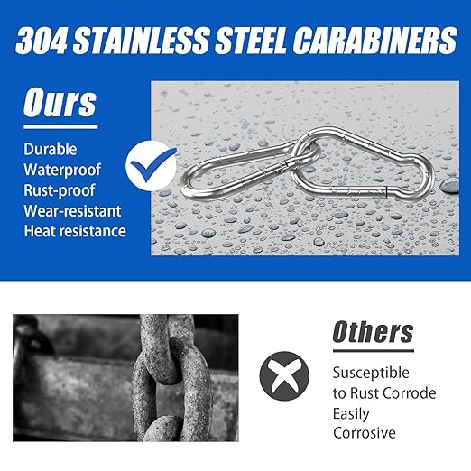 Small Carabiner Clip Hooks, 100pcs 2.36 inch Carabiners Heavy Duty, 304 Stainless Steel Spring Snap Hook Fits Camping Hiking, Metal Clips for Rope Chain Keys Rings
