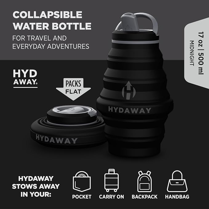 HYDAWAY Hydration Travel Pack - 17oz Collapsible Water Bottle with Flip-Top Lid and Protective Travel Case - BPA-Free, Leak-Resistant, and TSA-Friendly for Commuting, Hiking, and Traveling