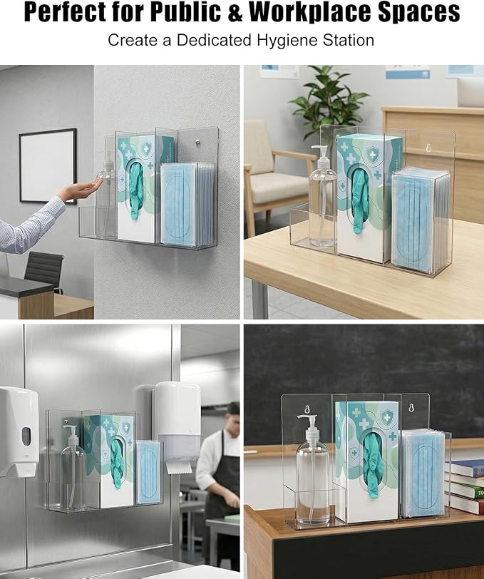Triple Hygiene Dispenser Station, Clear Acrylic 3-Compartment PPE Organizer for Masks, Gloves & Hand Sanitizer, Wall Mount or Tabletop Hygiene Supply Holder for Office, Clinic, Restaurant, School