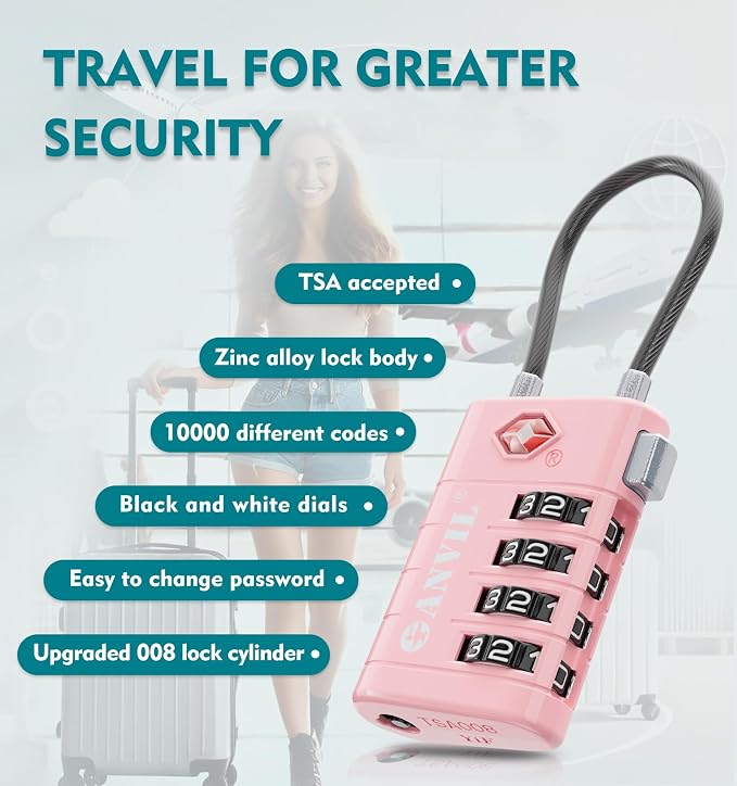 ANVIL TSA Approved Luggage Locks with Search Alert Indicator, 4-Digit Combination Suitcase Lock, Advanced TSA008 Core Heavy Duty Anti-Theft Travel Lock for Double Zippers, Backpacks