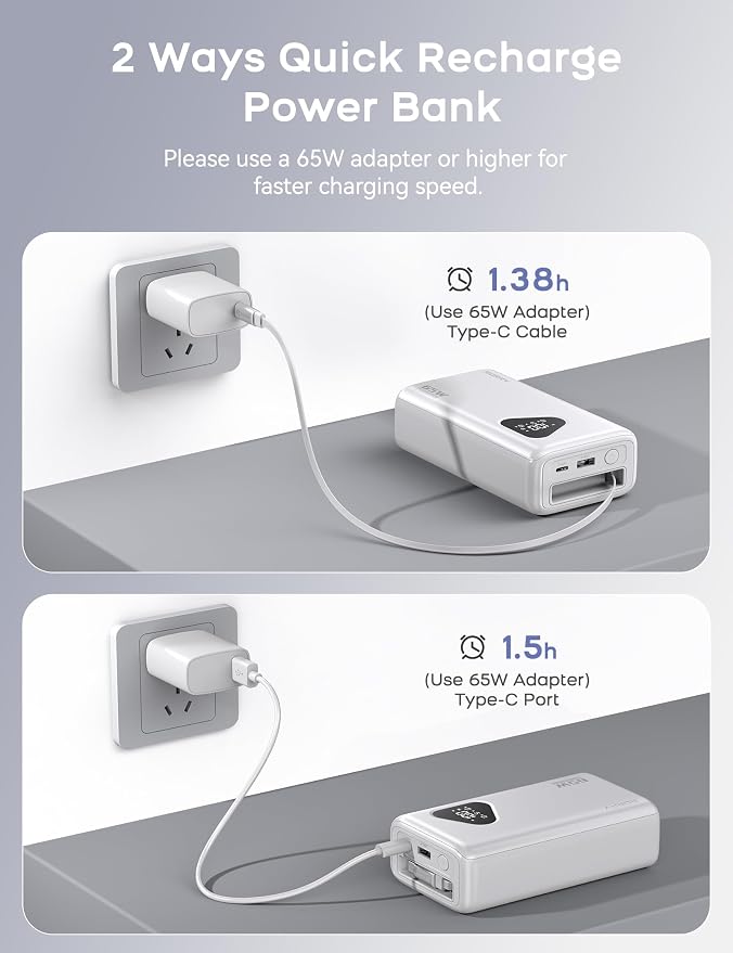 RORRY Laptop Power Bank, 25000mAh 65W Portable Laptop Charger Battery Bank PD Fast Charger Built in Retractable Cables, for iPhone 17/16/15 Series, MacBook, Samsung, Dell, XPS, iPad, Steam Deck, White
