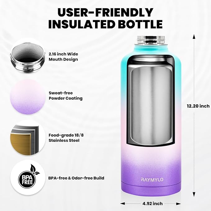 RAYMYLO Insulated Water Bottle 87 oz, Triple Wall Vacuum Stainless Steel (Cold for 48 Hrs), Leak Proof & Non-BPA, Modern Water Flask Jug with Paracord Handle & Straw Spout Lids, Hydrangea