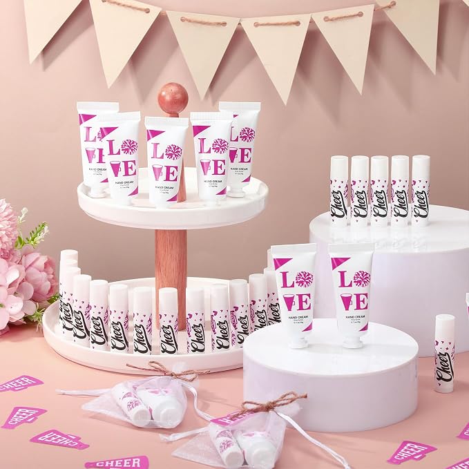 144 Pcs Cheerleading Lip Balms Hand Cream Sets Pink Cheerleading Party Supplies Including 36 Lip Balm and Moisturizing Hand Cream 36 Organza Bags Cards and Ropes for Team Thank You Gifts