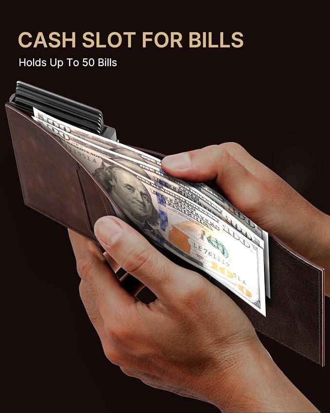 typecase Mens Wallet Card Holder: Pop Up Aluminum Case, Genuine Leather, Smart, RFID Blocking, Slim, Minimalist, Front Pocket - 9-14 Card Capacity | ID Window | Cash Slot (Oil Wax Brown)