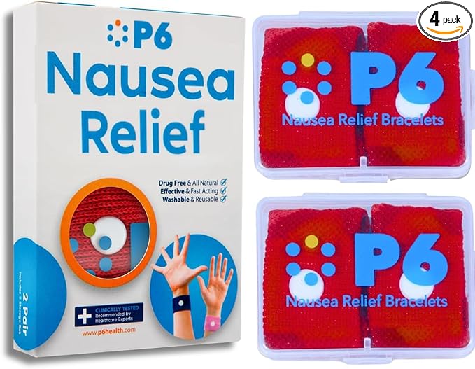 P6 Motion Sickness Bands for Adults Wristbands for Anti Nausea Sea Cruise Travel Car Pregnancy Morning Sickness All-Natural Non Drowsy Relief Acupressure Treatment (2 Pack, Red - Red)