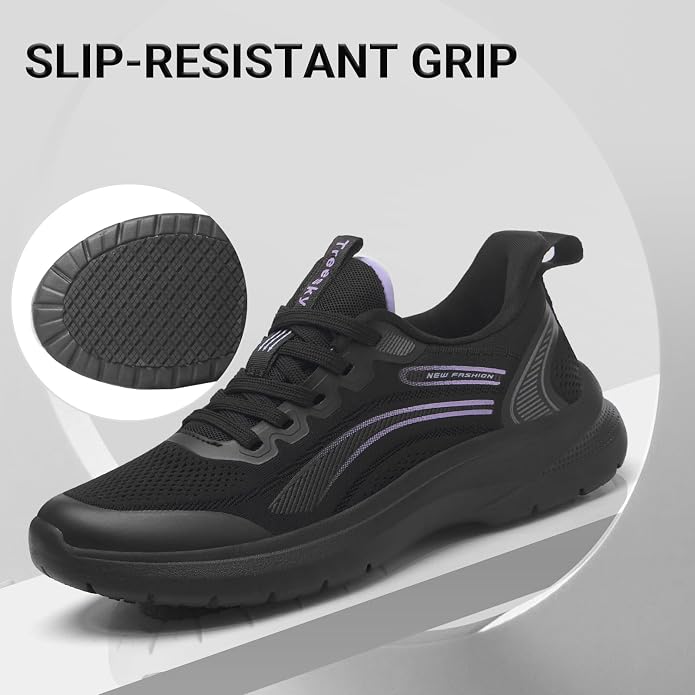 Treesky Black Non Slip Work Shoes for Women, Restaurant & Kitchen Sneakers | Slip resistant soles, lightweight cushioning, breathable knit, removable insole, for nursing, food service & long shifts