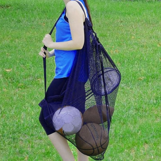Heavy Duty Mesh Ball Bag, Drawstring Sport Equipment Storage Bag for Basketball, Soccer, Sports Beach and Swimming Gears with Adjustable Shoulder Strap Outdoor Organizer