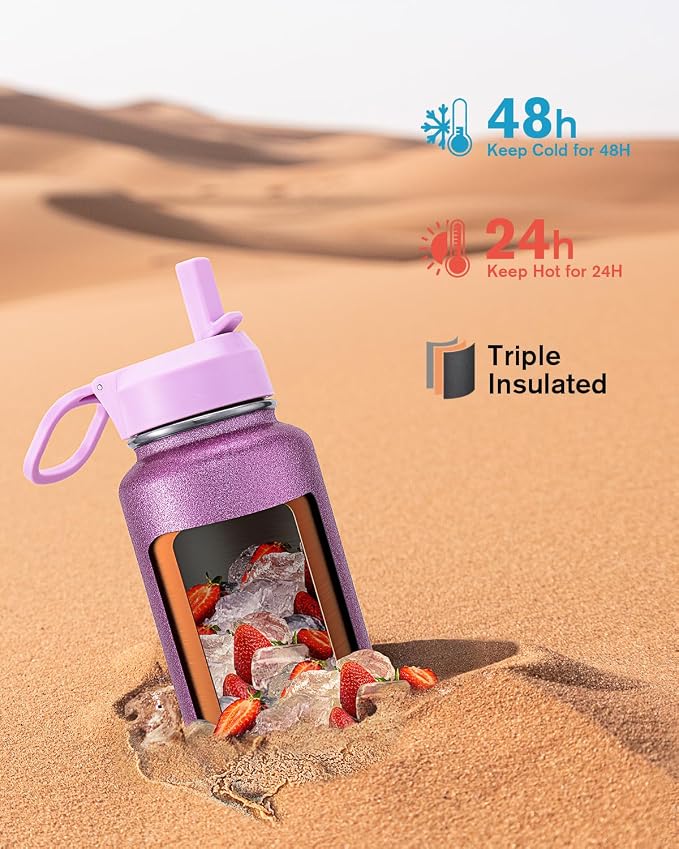 Coolflask Water Bottle 40 oz Insulated with Straw, Stainless Steel Metal 3 Lids Water Flask for Sports or Office, Keep Cold 48H Hot 24H, Glitter Pink
