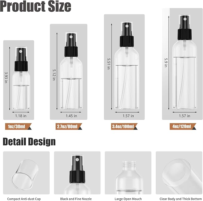 EPHECH 100PCS Small Spray Bottle, Travel Spray Bottle Clear Fine Mist Spray Bottles Plastic Empty Refillable Spray Bottles for Skin Care, Hair Care, Plant Care & Home Cleaning-80ml