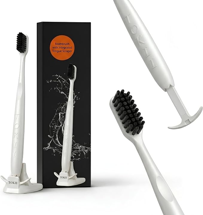 TOKII Tongue Scraper & Tongue Cleaner for Adults, 2-in-1 Toothbrush with Sliding Tongue Scraper, Charcoal Ultra Soft Bristles, Ayurvedic-Inspired, Includes Travel Toothbrush, Stand & Waterproof Pouch