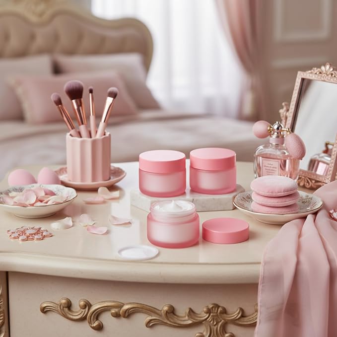 Domensi 100 Pcs 1oz Glass Jars with Lids Bulk Small Glass Salve Tins Cream Container Cosmetic Jars for Travel Balm with Inner Liners for Sample Cream (Pink,Pink Lid,Plastic Lid)