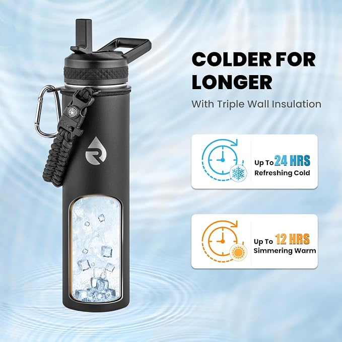 RAYMYLO Insulated Water Bottle 24 oz, Triple Wall Vacuum Stainless Steel (Cold for 24Hrs, Hot for 12Hrs), Leak Proof & Non-BPA, Modern Water Flask Jug with Paracord Handle & Straw Spout Lids