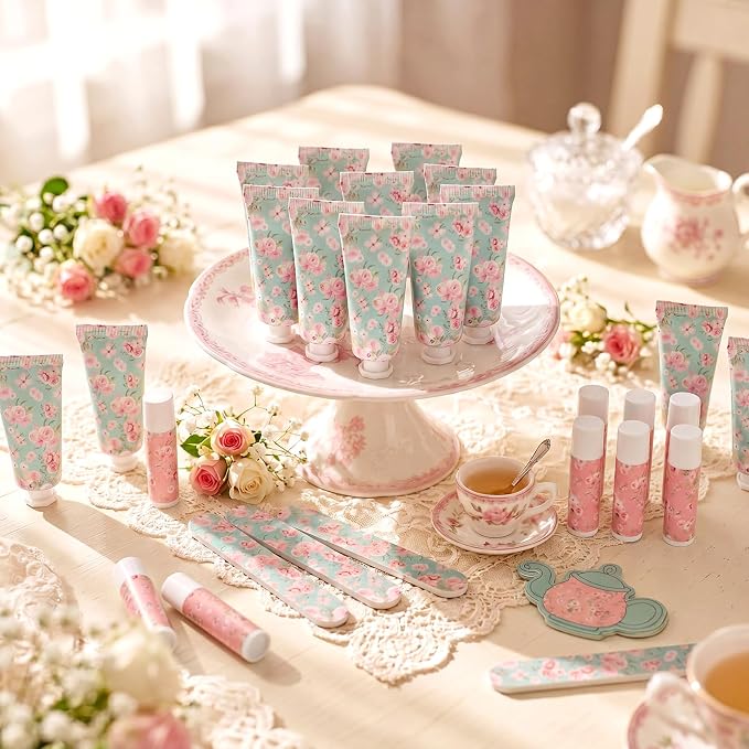 Leelosp 24 Sets Tea Party Hand Cream and Lip Balm Gift for Women Bulk Pink Floral Travel Size Hand Lotion Lip Balm Nail File Gifts Set Bridal Shower Wedding Party Supplies for Guests