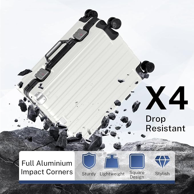Krute Carry On Luggage 20 inch Aluminum Frame Luggage with Spinner Wheels Hardshell No Zipper PC+ABS TSA Lock Zipperless Suitcases White