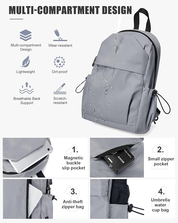 SEAFEW Small Sling Crossbody Backpack for Men Women, Lightweight Shoulder Chest Bag One Strap Back Pack for Hiking Walking Biking Travel Cycling USB Charger Port-Nylon, Grey