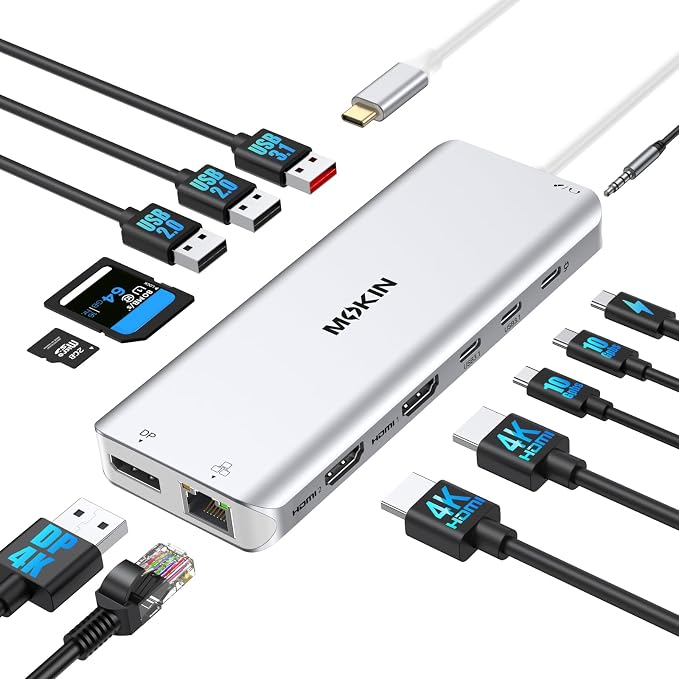 USB C Laptop Docking Station Dual Monitor Dual HDMI 4K DP Triple Display Hub, 13 in 1 MOKiN USB C Hub with 3 Monitors, DisplayPort, USB 3.1, RJ45, 100W PD, Card Reader, Audio/Mic, for Dell HP, Sliver