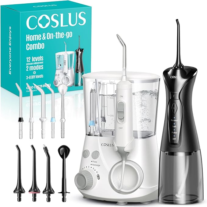 COSLUS Water Dental Flosser Pick for Teeth C30(FC5360): 4 Modes Cordless Portable 300ML Larger Tank Water Teeth Cleaner IPX7 Flossing Cleaning Picks for Home Travel Black White 2Pcs Family Set