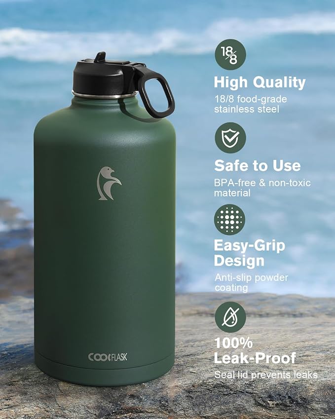 Coolflask 128 oz Gallon Water Bottle Insulated with Straw&3 Lids, Water Jug Large Stainless Steel Metal Vacuum Wide Mouth for Sports, Gym or Office, Non-BPA Keep Cold 48H Hot 24H, Dark Green