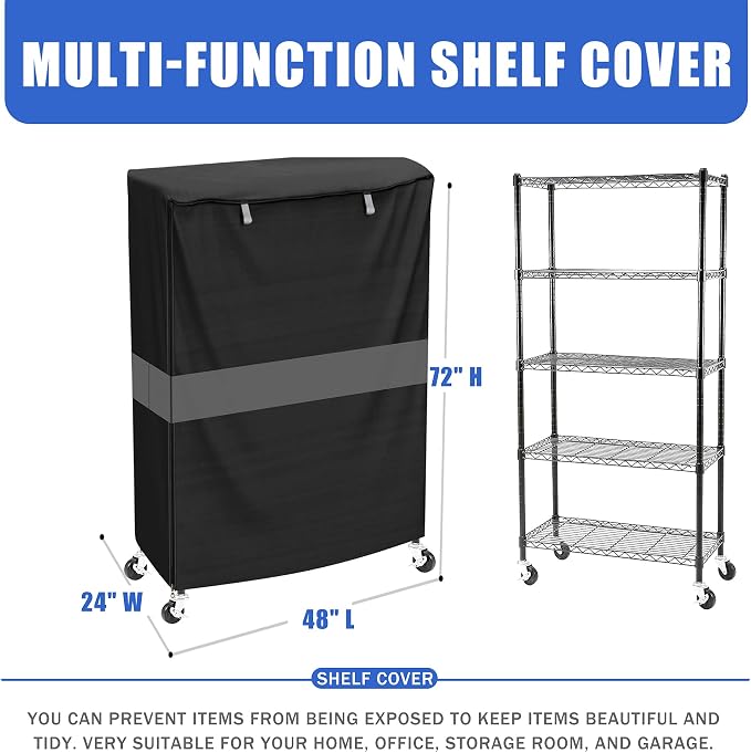 Wire Shelf Cover Dustproof Heavy Duty 600D Storage Rack Cover 48x24x72 | Side pockets, dual front zippers, hook & loop secure fit, breathable vent design for organized storage spaces