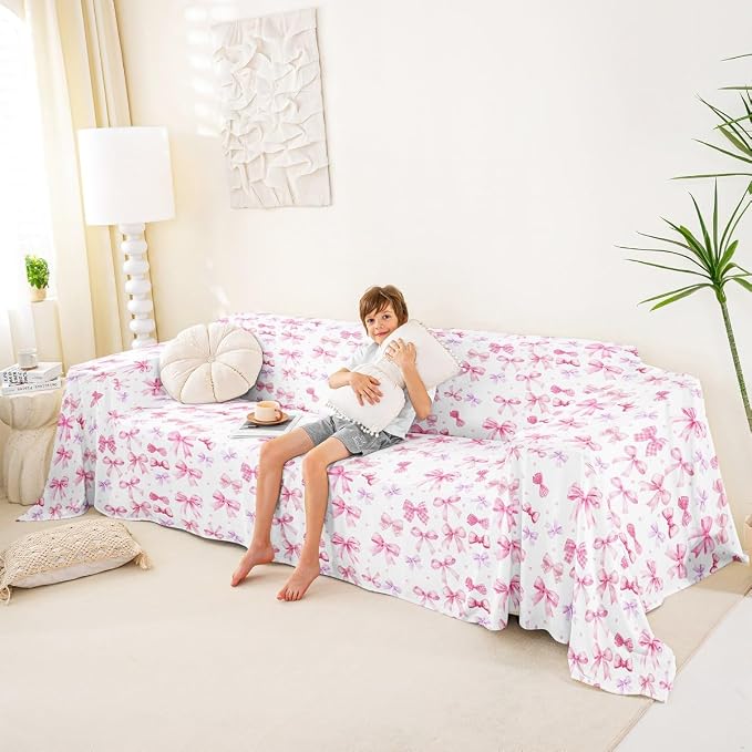 Pink Bow Sofa Slipcover Dreamy Princess Style Bowknot Non Slip Fuzzy Pet Couch Covers for Sofa,Cute Bowknot Kawaii Bow Tie Sofa Cover Furniture Protector Couch,91"x150" Pink Decor For Bedroom