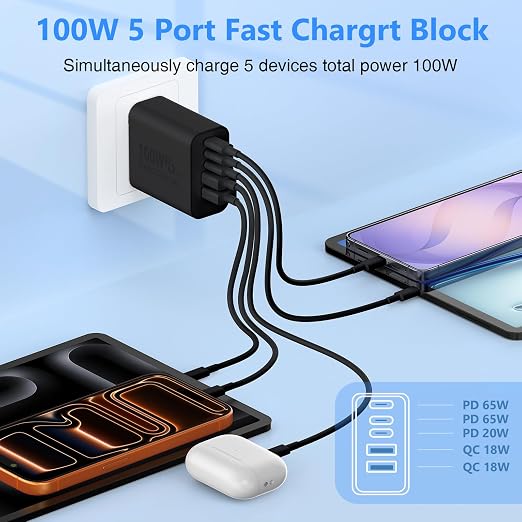 QZIIW USB C Wall Fast Charger Block, 100W 5-Port Type C Fast Charging Block 3 Pack-PD Power Charger Adapter QC 3.0 USB Multiport Charger Brick for iPhone 17 16, Samsung Series MacBook/Air, iPad, etc.