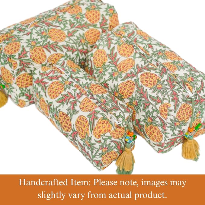 Saffron Marigold Quilted Makeup Bag Set of 3, Hand Block Printed Cotton Cosmetic Bags for Women, Waterproof Lined Travel Toiletry Bag, Coquette Aesthetic, Handmade Gift, Pineapple Grove