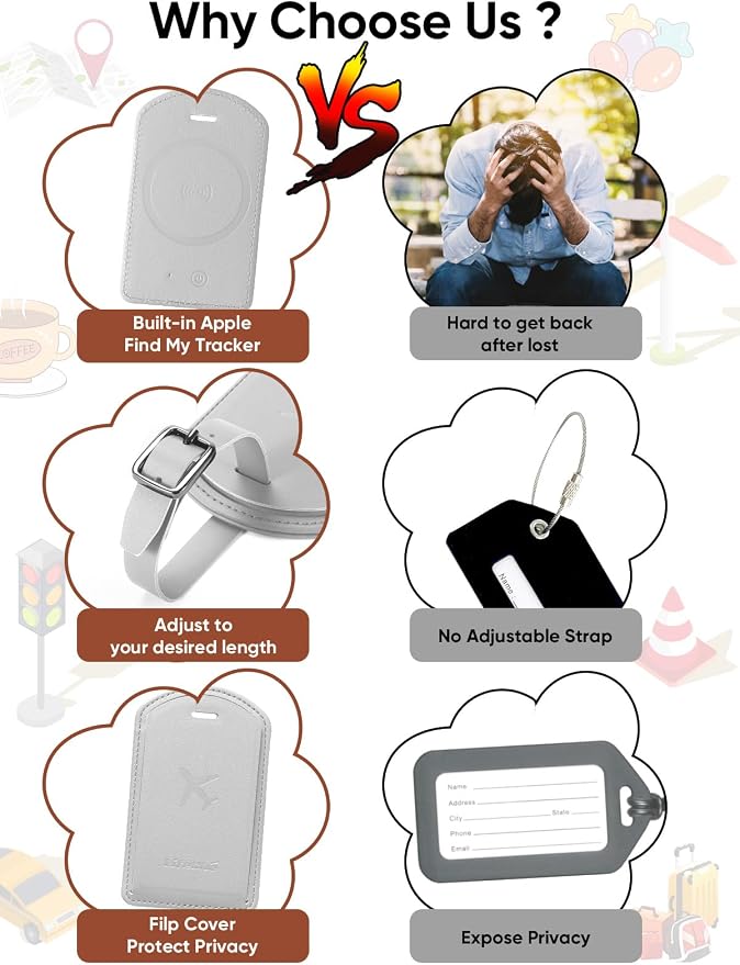 Luggage Tags Built-in Anti-Loss Tracker, Luxury Leather Luggage Tags for Suitcase, Travel Bags, Backpacks, Travel Organizer for Lost Baggage Prevention (Light Gray)
