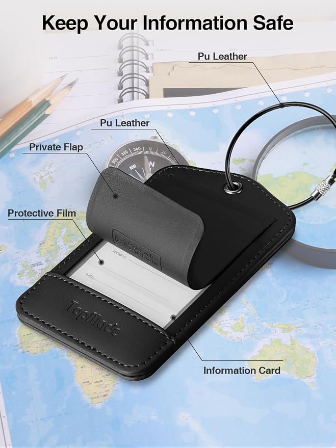 TopMade Smart Luggage Tag with Find My, Premium Leather Luggage Tags for Suitcase, Travel Bags, Backpacks, Anti-Lost Suitcase Tag Tracker for Travel with Privacy Name Card, Rechargeable
