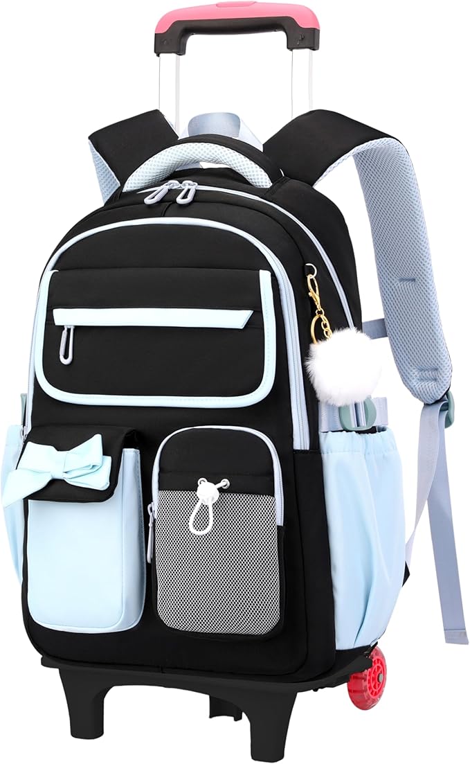 School Backpack with Wheels for Girls Wheeled Bookbags Kids Rolling Backpack for Girls Trolley School Bag, Black Blue 2 Wheels