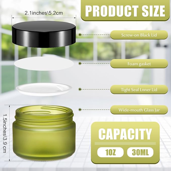 Domensi 100 Pcs 1oz Glass Jars with Lids Bulk Small Glass Salve Tins Cream Container Cosmetic Jars for Travel Balm with Inner Liners for Sample Cream (Bean Green,Black Lids,Plastic Lid)